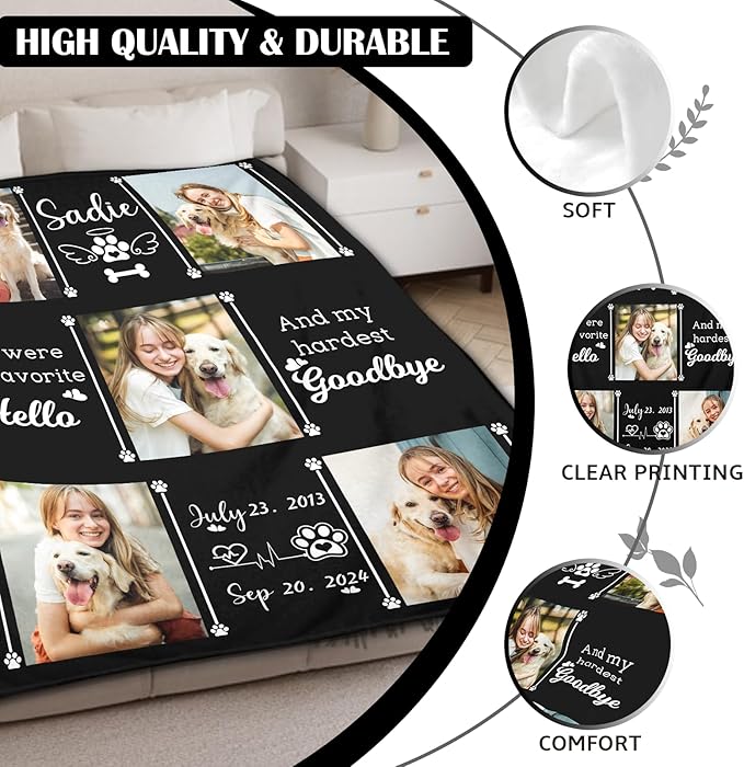 Ship Next Day,Pet Memorial Blanket Gift - Print in USA,Personalized Dog Memorial Blanket with Photo Name, Pet Sympathy Gifts for Dogs Lovers, Custom Loss of Dog Blankets, Remembrance Bereavement Gifts