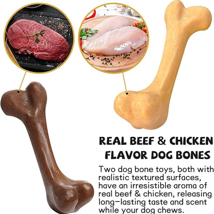 Aggressive Chew Toys, Nylon Bones, Indestructible Toys for Medium Large Dogs, Durable Tough Puppy Teething, Beef & Chicken Flavor (2pcs)