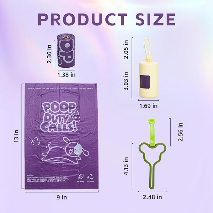 270 Count Scented Dog Poop Bags Rolls, 20 Micron Ultra Thick, Heavy Duty Tear Resistant Leak Proof for Yuck-Free Cleanup, Includes Dispenser & Leash Clip, 9 x 13 Inch, Duty Doodle (Purple)