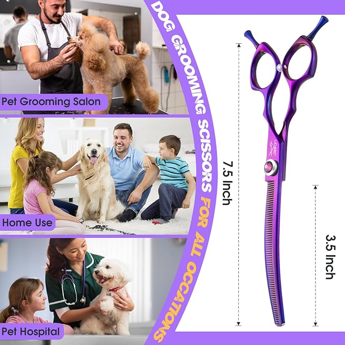 JASON 7.5" Dog Grooming Scissors - Professional Curved Thinning Shears for Grooming, Japanese 440C Stainless Steel Blender Shears with Diamond Adjustable Screw (65 Teeth, Purple)