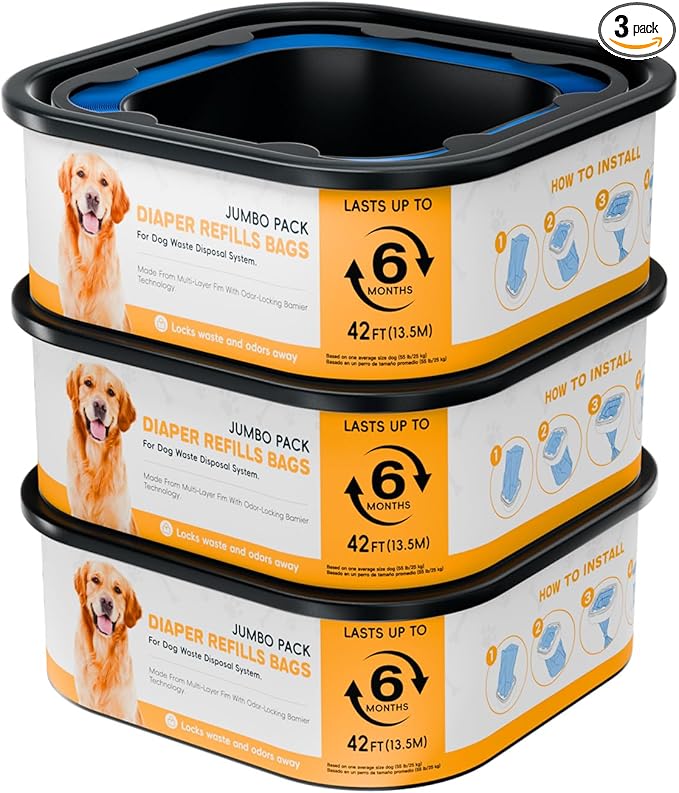 42FT Jumbo Square Refills Disposal Bags Refill Compatible with Pe.t Dogs Gen.ie Dog Waste Disposal System Pails, Up to 6 months of Supply,Ultimate Odor Control Dog Poop Bags, 3 Pack