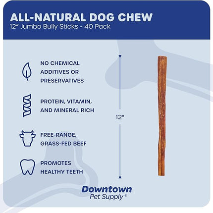 Downtown Pet Supply Jumbo Bully Sticks for Dogs - Natural Beef Chews, Low-Odor & Rawhide-Free, Long Lasting Dog Treats for Aggressive Chewers - Healthy, Safe & Delicious Chews Dogs Love (12" 40 Pack)
