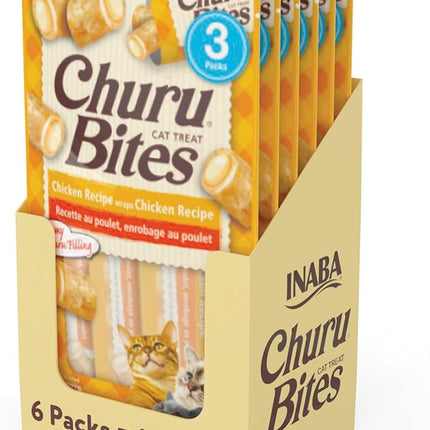 INABA Churu Bites for Cats, Soft/Chewy Baked Chicken Wrapped Churu Filled Cat Treats with Vitamin E, 0.35 Ounces per Tube, 18 Tubes Total (3 Tubes per Pack), Chicken Recipe