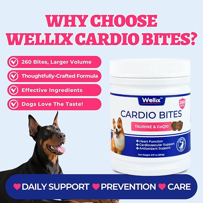 260 Bites Wellix Cardio Bites - Dog Heart Supplements - CoQ10,Taurine,Fish Oil,L-Carnitine for Dogs - Dog Health, Pet Antioxidant Supplements - for Puppy & Large Dogs