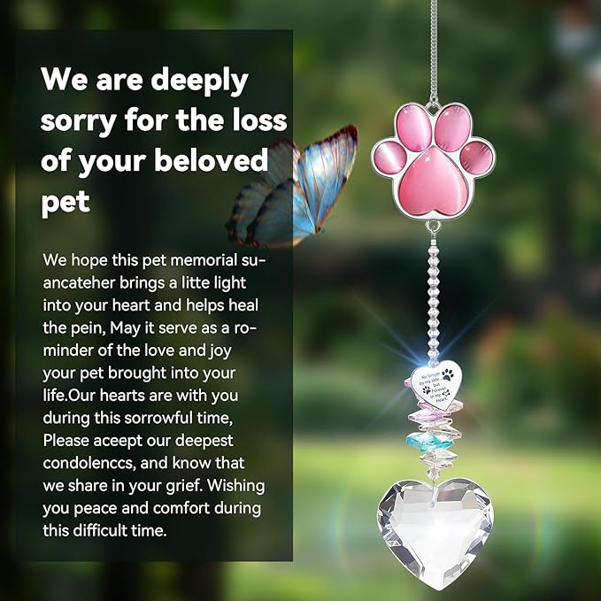 Pet Memorial Suncatcher - Dog Memorial Gifts, Pet Loss Sympathy, Thoughtful Dogs and Cats Bereavement Remembrance Gifts, Natural Cat's Eye Paw Crystal Suncatcher(Pink)