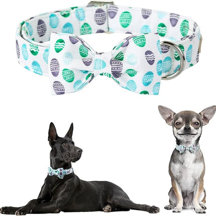 Easter Dog Collar with Bow Tie - Adjustable Easter Eggs Dog Collar Classic Bowtie Metal Buckle Puppy Collars for Small Medium Large Dogs XL