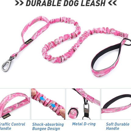 Hotsky Tactical Dog Collar and Leash Set, Heavy Duty Military Airtag Dog Collar with Handle and Metal Buckle for Training and Walking, with Airtag Holder and Two Patches (Pink Camo, L)