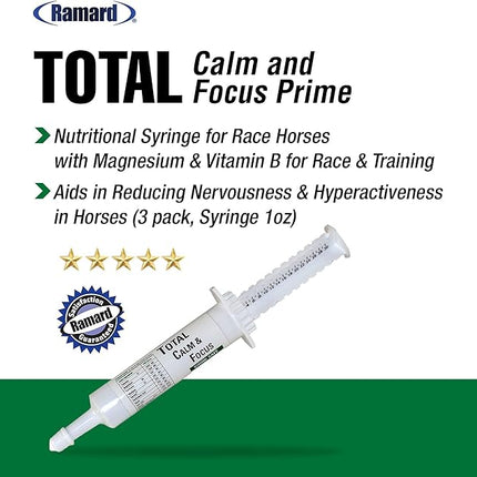 Ramard Total Calm and Focus for Horses Supplement - Magnesium & Calming Formula for Horse Show, Training, Performance Mental Alertness Without Drowsiness, Show Safe, Equine Supplies 1oz Syringe 3Packs
