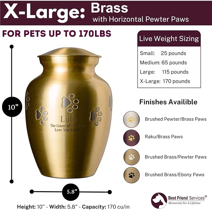 Ottillie Paws Elite Series Personalized Pet Urn for Dogs and Cats - Pet Memorial Urns with Custom Engraving(Brass, Horizontal, Pewter, X-Large)
