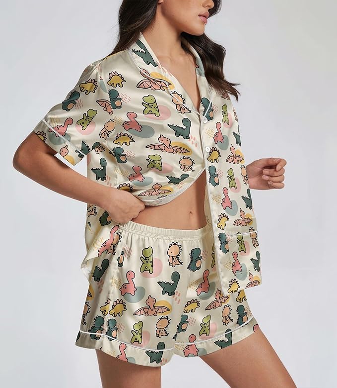 Women’s Silk Satin Pajama Set, Short Sleeve Button Down 2 Piece PJs with Shorts, Cozy Loungewear & Matching Holiday Pajamas