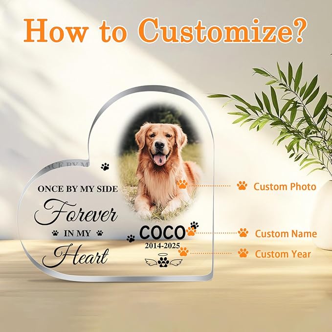 Pet Memorial Gifts Personalized Pet Memorial Plaque Loss of Dog Sympathy Gift Cat Memorials Gift for Loss of Cat Dogs Bereavement Passing Away Gifts Custom Pets Heart Shape Acrylic Plauqe