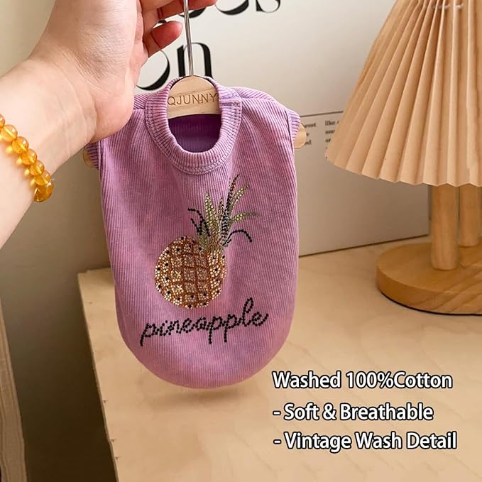 Washed Cotton Pet Vest with Rhinestone Fruit Designs, Soft & Stylish Small Dog Cat Vest for Spring Summer, Breathable & Shiny (Purple-Pineapple, X-Small)