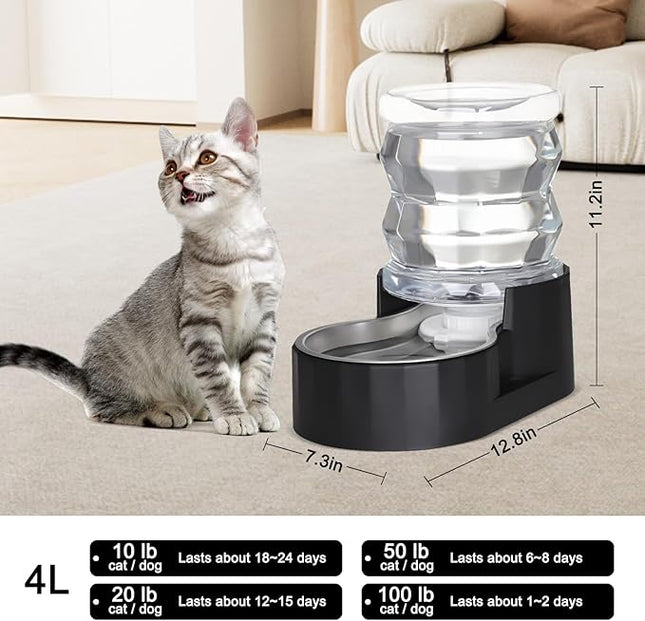RIZZARI Dog Food Water Dispenser: 4L Large Black Stainless Steel Feeder with Triple Filter -Healthy Hydration for Pets in The Living Room - Garden and Study Room