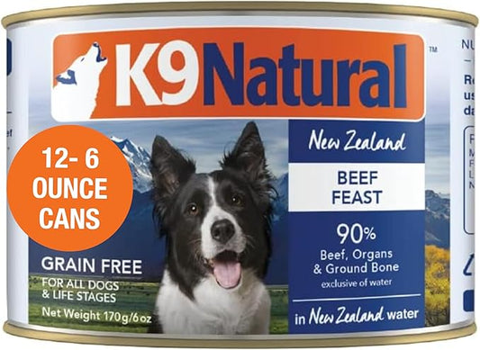 K9 Natural Wet Dog Food Pate Beef Feast - 6 oz Cans, Pack of 12 - Grain Free Canned Dog Food with Grass-Fed & Finished Beef - Single Source Limited Ingredient Diet - Made in New Zealand