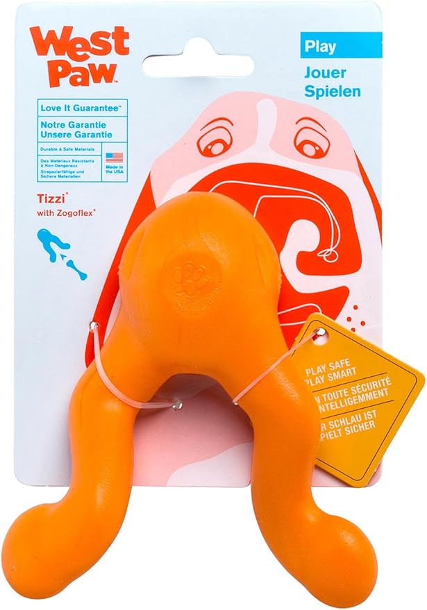 West Paw Zogoflex Tizzi Interactive Treat Dispensing Dog Fetch Play Toy, 100% Guaranteed Tough, It Floats!, Made in USA, 4.5-Inch Small, Tangerine