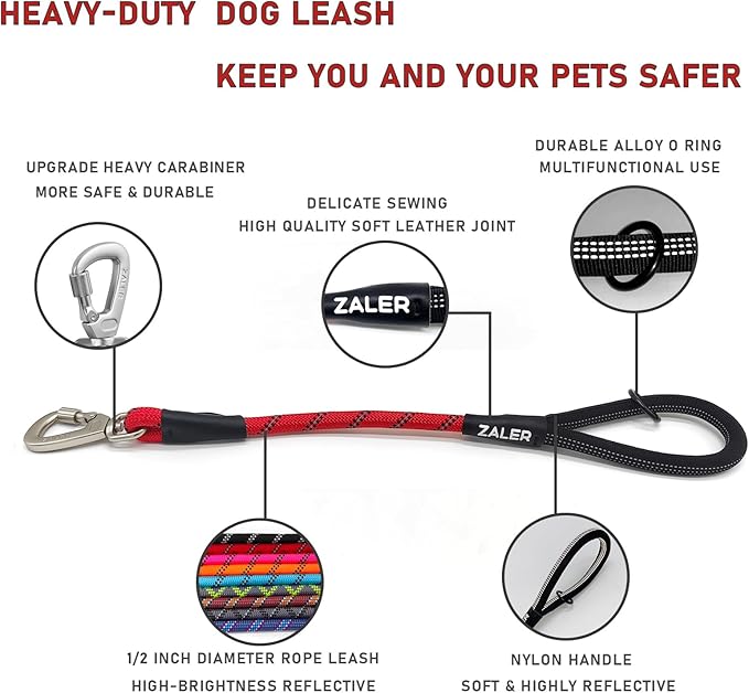 ZALER Short Dog Leash, 18 Inches Rope Traffic Leashes for Dogs, Reflective Dog Lead with O-Ring, Heavy Duty Pet Leash for Large and Medium Dogs (18'' Red)