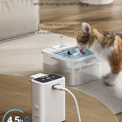 DownyPaws Battery Operated Cat Water Fountain Stainless Steel, 84oz/2.5L Fursink Wireless Pet Water Fountain for Cats Inside, Automatic Dog Water Dispenser with Faucet, Quiet Pump, BPA-Free, White