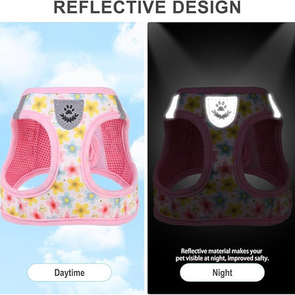 EXPAWLORER Small Dog Harness and Leash Set - Cute Puppy Harness Leash Dog Collar with AirTag Holder Silicone Case, Soft Padded Step in Pet Vest Reflective for Outdoor Walking, Floral M