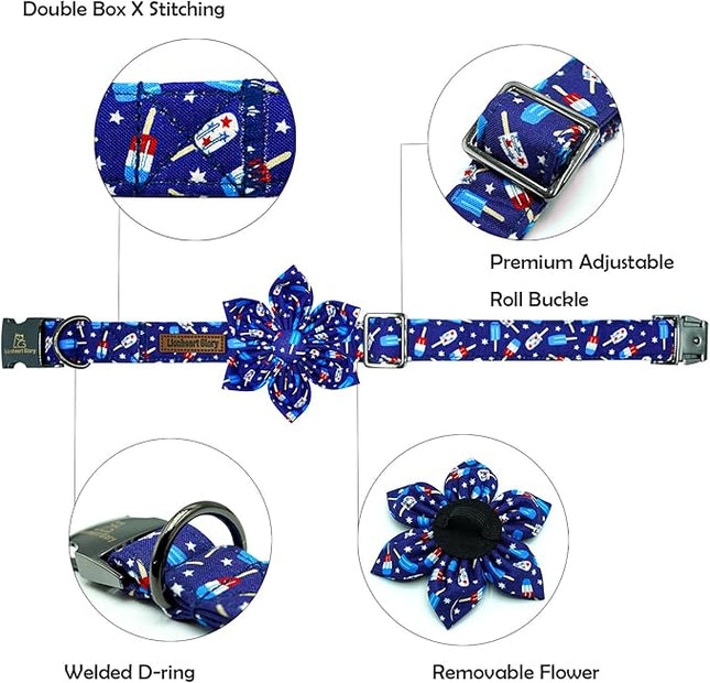 Lionheart glory American Flag Dog Collar 4 of July Dog Collars with Flower Independence Patriotic Dog Flower Collars Heavy Duty Adjustable Collar Flower for Small Dogs Pet Gift