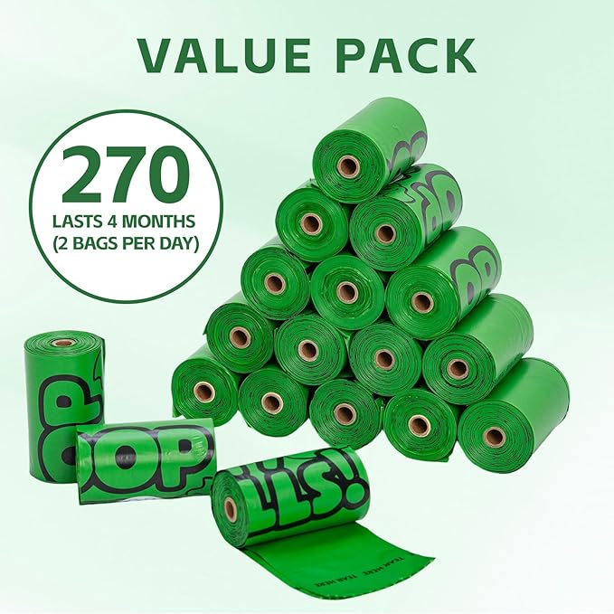 270 Count Scented Dog Poop Bags Rolls, 20 Micron Ultra Thick, Heavy Duty Tear Resistant Leak Proof for Yuck-Free Cleanup, Includes Dispenser & Leash Clip, 9 x 13 Inch, Duty Doodle (Green)