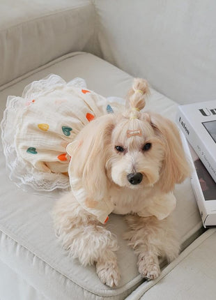 QWINEE Cute Heart Pattern Dog Dress Ruffle Trim Princess Dress Cat Vest Dress Lace Trim Summer Dress Pet Clothes for Small Medium Cats Dogs Kitten Puppy Yellow L