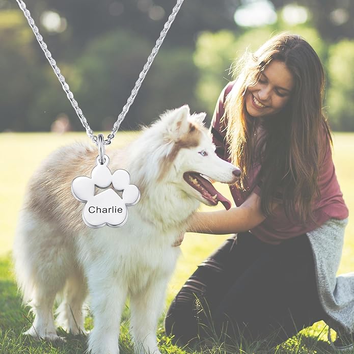MeMeDIY Personalized Paw Print Necklace for Women Engraved Name Dog Paw Necklace Stainless Steel/925 Sterling Silver Paw Necklace Pet Memorial Necklace 1-4 Cat Paw Print Necklace