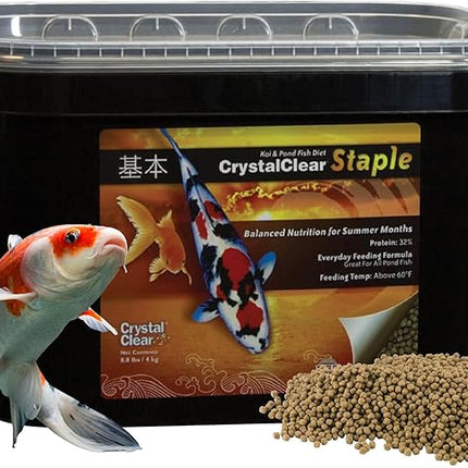 CrystalClear Staple Pond Fish Food for Healthy Koi & Goldfish, Protein Packed Floating Pellets for Summer Nutrition, Easy Digestion, 8.8 Pound Bucket