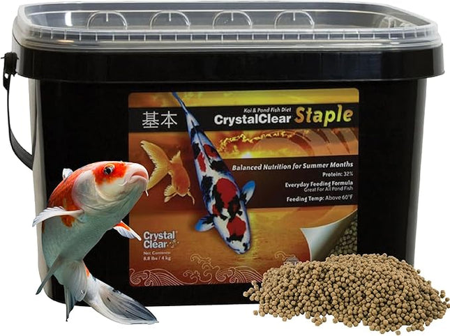 CrystalClear Staple Pond Fish Food for Healthy Koi & Goldfish, Protein Packed Floating Pellets for Summer Nutrition, Easy Digestion, 8.8 Pound Bucket