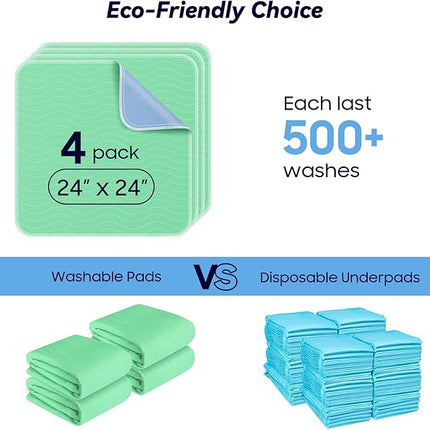 4 Pack 24” x 24” Extra Heavy Absorbency Washable Underpads, Waterproof Nursing Pads Incontinence Bed Pads, Reusable Washable Pee Pads for Dogs, Diaper Changing & Adults, Washable Puppy Pads