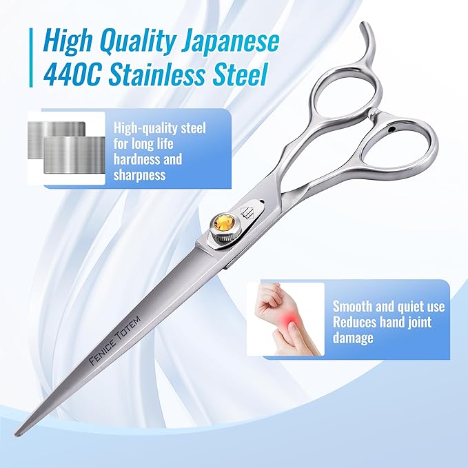 Fenice Professional Dog Grooming Scissors: 7 inch Straight Shears for Dogs Trimming Made Of Japanese 440C Stainless Steel Yellow Diamond