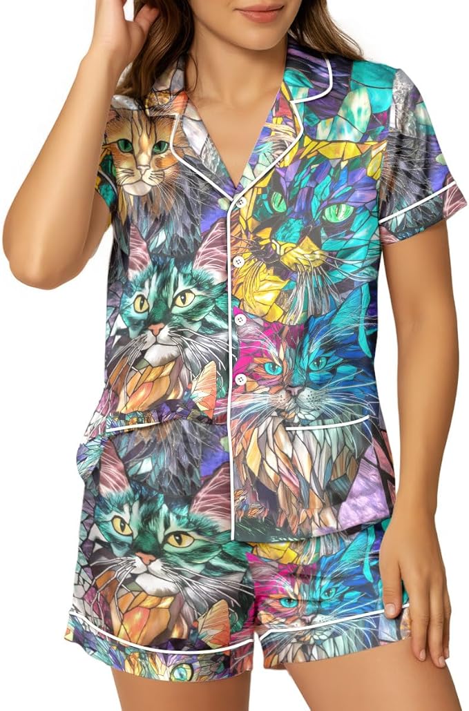 Women’s Silk Satin Pajama Set, Short Sleeve Button Down 2 Piece PJs with Shorts, Cozy Loungewear & Matching Holiday Pajamas