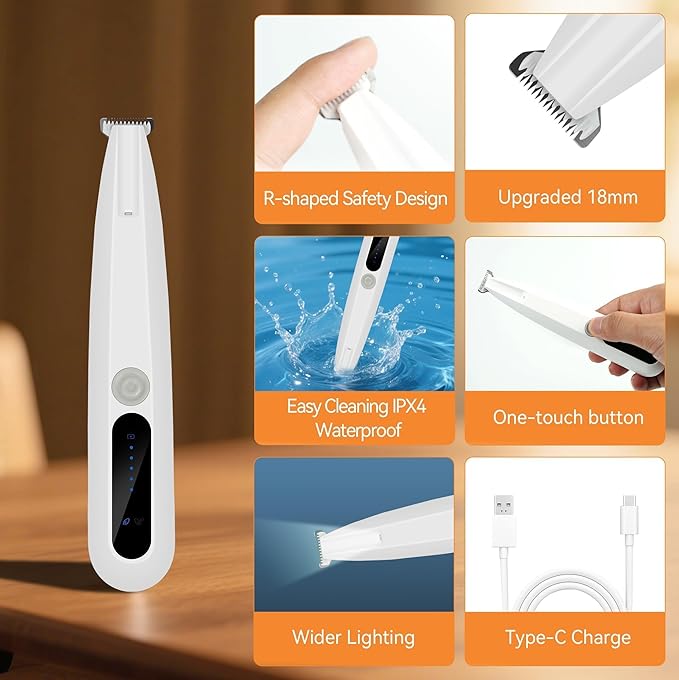 Dog Paw Hair Trimmer, Paw Trimmers for Dog's Feet, Rechargeable, Waterproof, Spare Blade, LED Display, Suitable for Cats & Dogs, Shaver for Paws Eyes Ears Face Buttocks, Dog Grooming Clippers