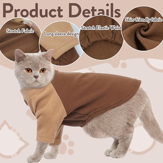 T'CHAQUE Cat Pajamas - Soft Cat Clothes& Shirts & Pajamas with Sleeves, Stretchy Sweater, Pullover Kitten Clothes, Darkbrown, Medium