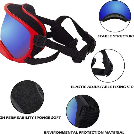 Large Dog Sunglasses with Adjustable Strap UV Protection, Winproof Puppy Sunglasses, Suitable for Medium-Large Pet Glasses, Dogs Eyes Soft Goggles, RedBlue