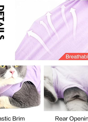 Cat Recovery Suit for Male and Female Surgical Post Surgery Soft Cone Onesie Shirt Clothes Neuter Licking Protective Diapers Outfit Cover Kitten Spay Collar(L, Purple)