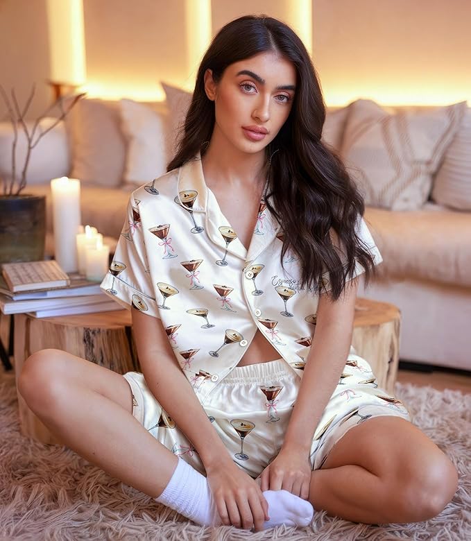 Women’s Silk Satin Pajama Set, Short Sleeve Button Down 2 Piece PJs with Shorts, Cozy Loungewear & Matching Holiday Pajamas