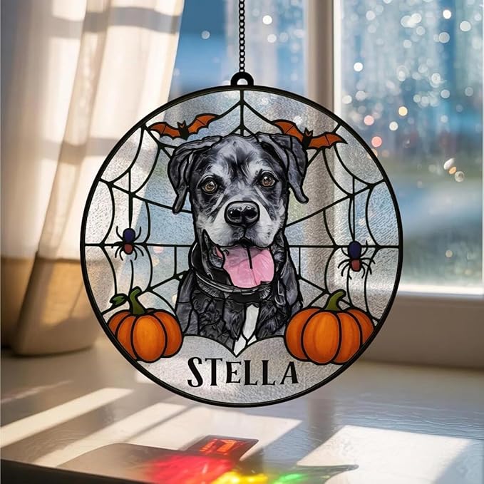 Custom Stained Glass Dog Halloween, Personalized Pumpkin Dog Portrait from Photo, Spooky Dogs Fall Decor, Dogs Witch Halloween, Pet Sympathy Gift, Pet Memorial Decor /21
