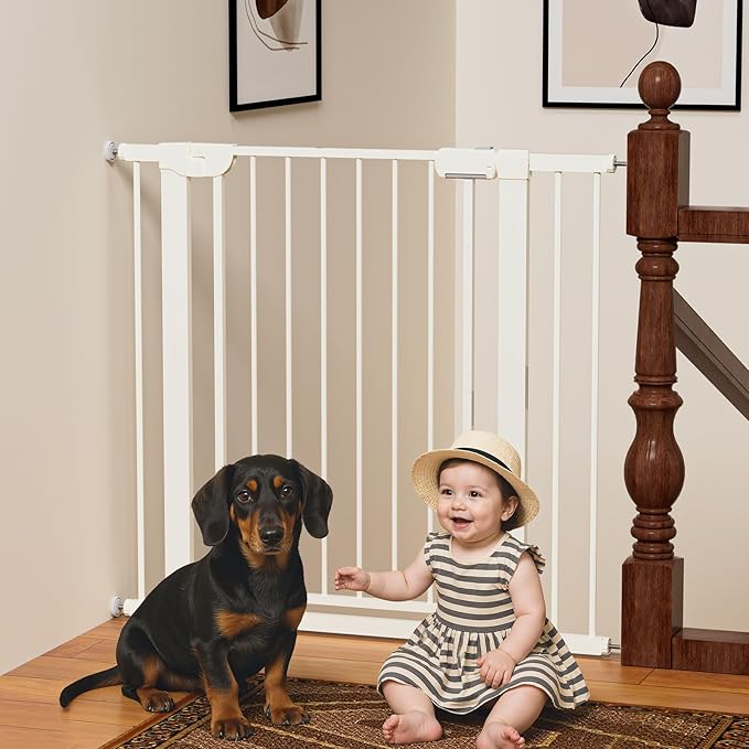 29.5-40.6" Baby Gate for Stairs, Baby Safety Essentials, Auto Close Gate for Doorways, Easy Install Pressure Mounted Dog Gate Indoor, Pet Gates for Dogs, White