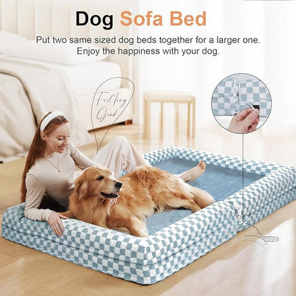 Large Dog Bed Orthopedic Washable: Beds Bolster XL Bed Large Big Dogs Egg Crate Foam Couch Sofa Waterproof with Removable Cover - Blue Grid