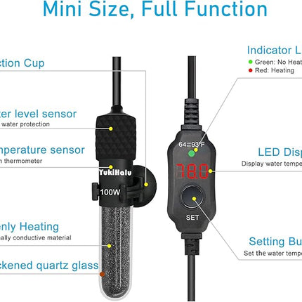 YukiHalu Submersible Aquarium Heater 100W 150W 200W, Adjustable Mini Fish Tank Heater, Small Size, Overheating Protection, External Controller, Used for 0.5-40 Gallons(100W)