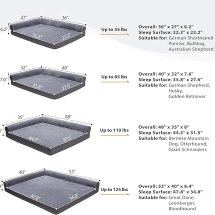 KSIIA Orthopedic Dog Bed Waterproof Flannel Bolster Couch with Egg Crate Foam for Large Dogs with Removable Washable Cover & Nonskid Bottom, 48 x 35 Inch, Gray