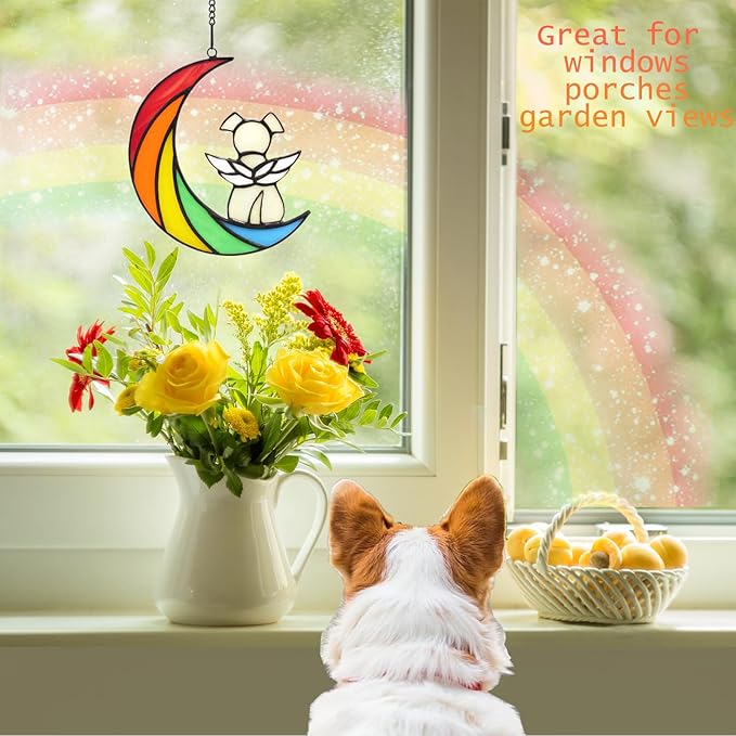 Stained Glass Rainbow Bridge Dog Memorial Gifts for Loss of Dog Sympathy Gift Suncatcher, Angel Wings Passing Away Remembrance Memory, Pet Sympathy Gifts for Dogs, Pet Lovers, Window Hanging