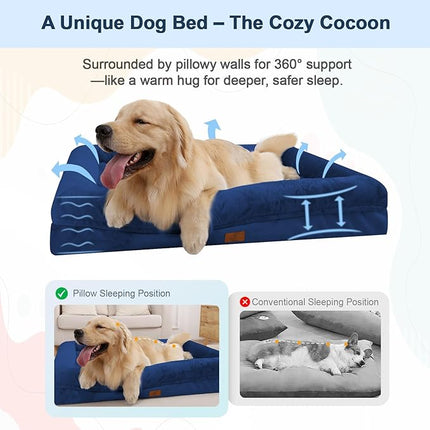Large Orthopedic Dog Beds, Waterproof Dog Bed with Removable Cover, 4-Sides Removable Bolster Pet Soft Sofa with Nonskid Bottom, Washable Pet Beds for Large Dogs, Rich Blue