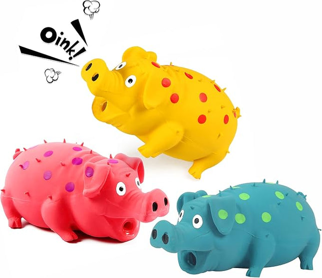 3-Pack Squeaky Pig Dog Toys - Durable Rubber Chew Toys with Oinking & Grunting Sounds for Small, Medium & Large Dogs - Interactive Latex Puppy Toy Set