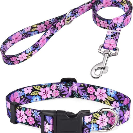 Dog Collar and Leash Set with Bohemia Floral Tribal Geometric Patterns - Soft Ethnic Style Collar Adjustable for Small Medium Large Dogs(Pink Floral Set,XS)