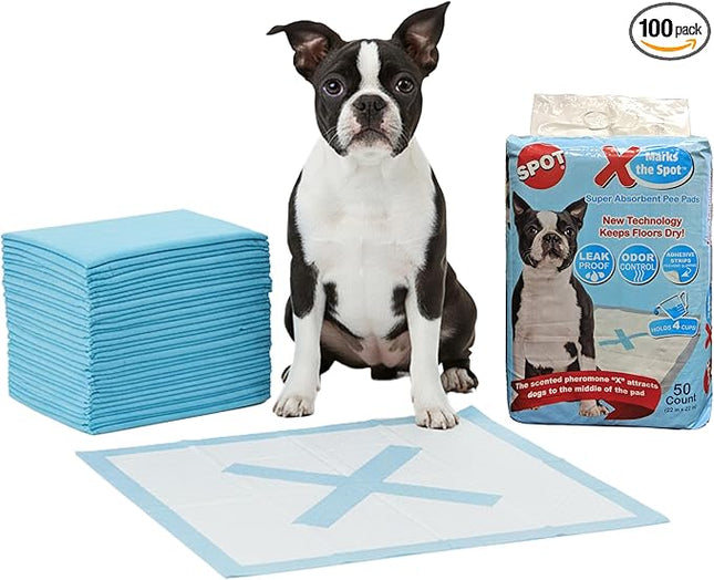 SPOT X Marks The Spot Puppy Training Pads – Extra Absorbent, Leak-Proof Dog Pee Pads with Adhesive Strips and Pheromones, Odor Control, 5-Layer Protection, 22 x 22 in, 100-Count