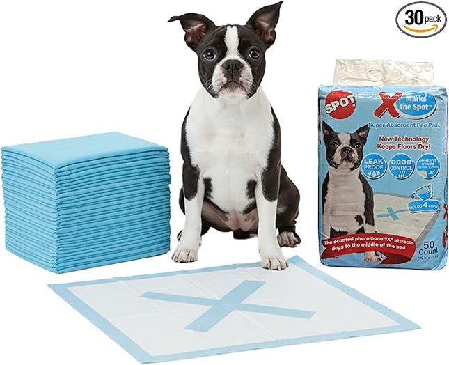 SPOT X Marks The Spot Puppy Training Pads – Extra Absorbent, Adhesive Strips, Pheromone-Enhanced Attractant for Potty Training, 22" x 22", 30-Pack