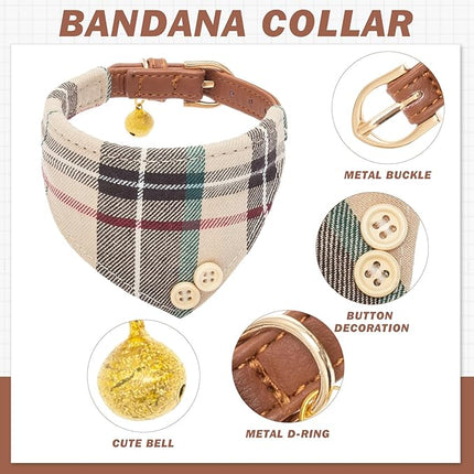 EXPAWLORER Dog Collar and Bandana Set - Classic Plaid Dog Bow Tie and Bandana Collar with PU Leather, Adjustable Collars for Small Medium Large Dogs Cats, Holiday Ideal Gift, Beige XS