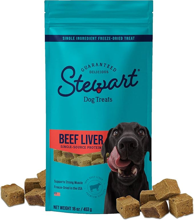 Stewart Beef Liver Dog Treats, 16 oz, ~360 Pieces, Freeze Dried Raw, Single Ingredient, 50% Protein Training Treats or Meal Topper in a Value Size Resealable Pouch, Grain Free, Gluten Free