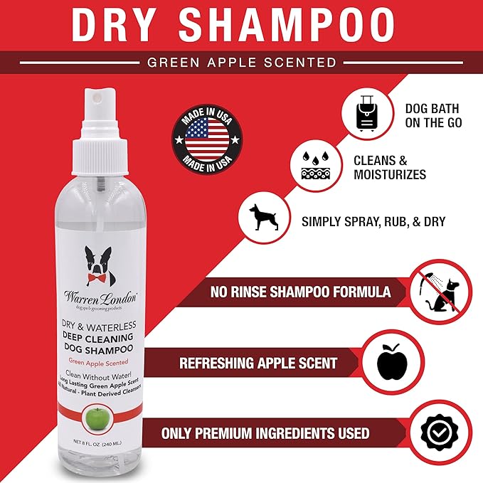 Warren London Waterless Dog Shampoo 8 oz – Green Apple No-Rinse Dry Shampoo Spray | Instant Deodorizer for Smelly Pets, Itch Relief, Dye-Free & Cruelty-Free | Made in USA